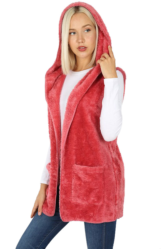 Zenana Sleeveless Faux Fur Hooded Vest - sb_outerwear