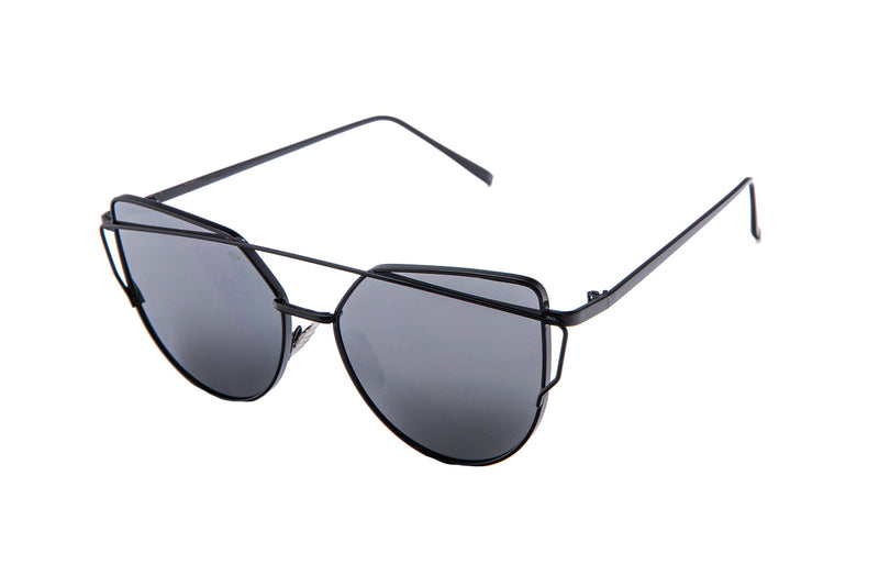 Mirrored "Samantha" Flat Lens Strikethrough Cat Eye Sunglasses in Black Frame Sunglasses- Niobe Clothing
