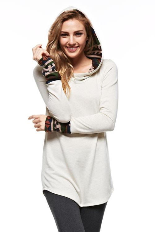 12Pm Mon Ami Tribal Print Contrast Long Sleeves Hoodie - Hoodies f_tops