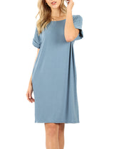 Rolled Short Sleeve Loose Tunic Shirt Dress Tunics- Niobe Clothing