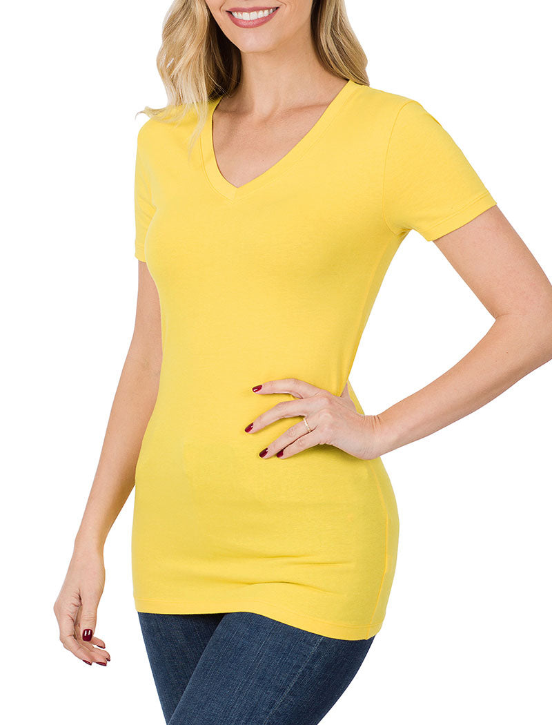 Zenana Cotton V-Neck Short Sleeve Long Tee Shirt - Shirts sb_tops