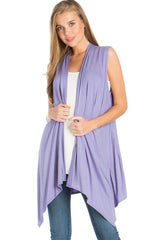Solid Color Rayon Span Sleeveless Asymmetric Hem Cardigan Cardigans- Niobe Clothing