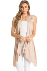 Solid Color Rayon Span Sleeveless Asymmetric Hem Cardigan Cardigans- Niobe Clothing