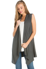 Solid Color Rayon Span Sleeveless Asymmetric Hem Cardigan Cardigans- Niobe Clothing