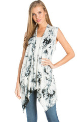 Niobe Clothing Black White Tie Dye Sleeveless Asymmetric Hem Cardigan - Cardigans