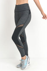 Mono B Grey Slanted Colorblock Mesh Contrast Leggings - Active