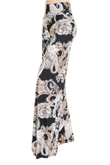 Niobe Clothing High Waist Fold Over Wide Leg Gaucho Palazzo Pants (Black/Brown Paisley) - pants