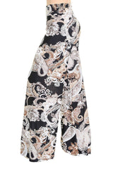 Niobe Clothing High Waist Fold Over Wide Leg Gaucho Palazzo Pants (Black/Brown Paisley) - pants