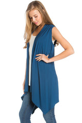 Solid Color Rayon Span Sleeveless Asymmetric Hem Cardigan Cardigans- Niobe Clothing