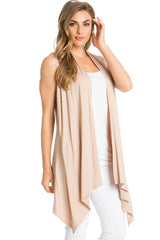 Solid Color Rayon Span Sleeveless Asymmetric Hem Cardigan Cardigans- Niobe Clothing