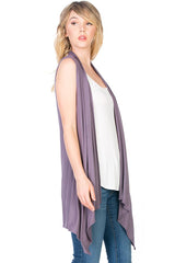Solid Color Rayon Span Sleeveless Asymmetric Hem Cardigan Cardigans- Niobe Clothing