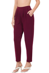 Pleated High Rise Elastic Waist Ankle Pants w/ Pockets