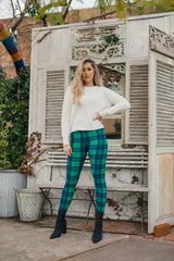 Dk Blue Green Plaid Design Leggings leggings- Niobe Clothing