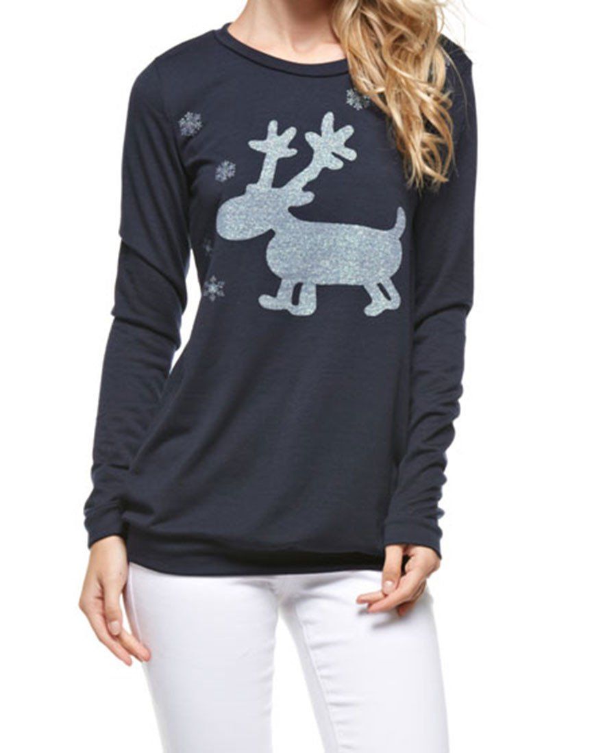 Niobe Clothing Cute Glitter Moose Long Sleeve Top - Sweatshirts holiday