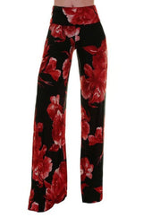 Niobe Clothing High Waist Fold Over Wide Leg Gaucho Palazzo Pants (Crimson Blossom) - pants