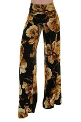 Niobe Clothing High Waist Fold Over Wide Leg Palazzo Pants (Natural Blossom) - pants