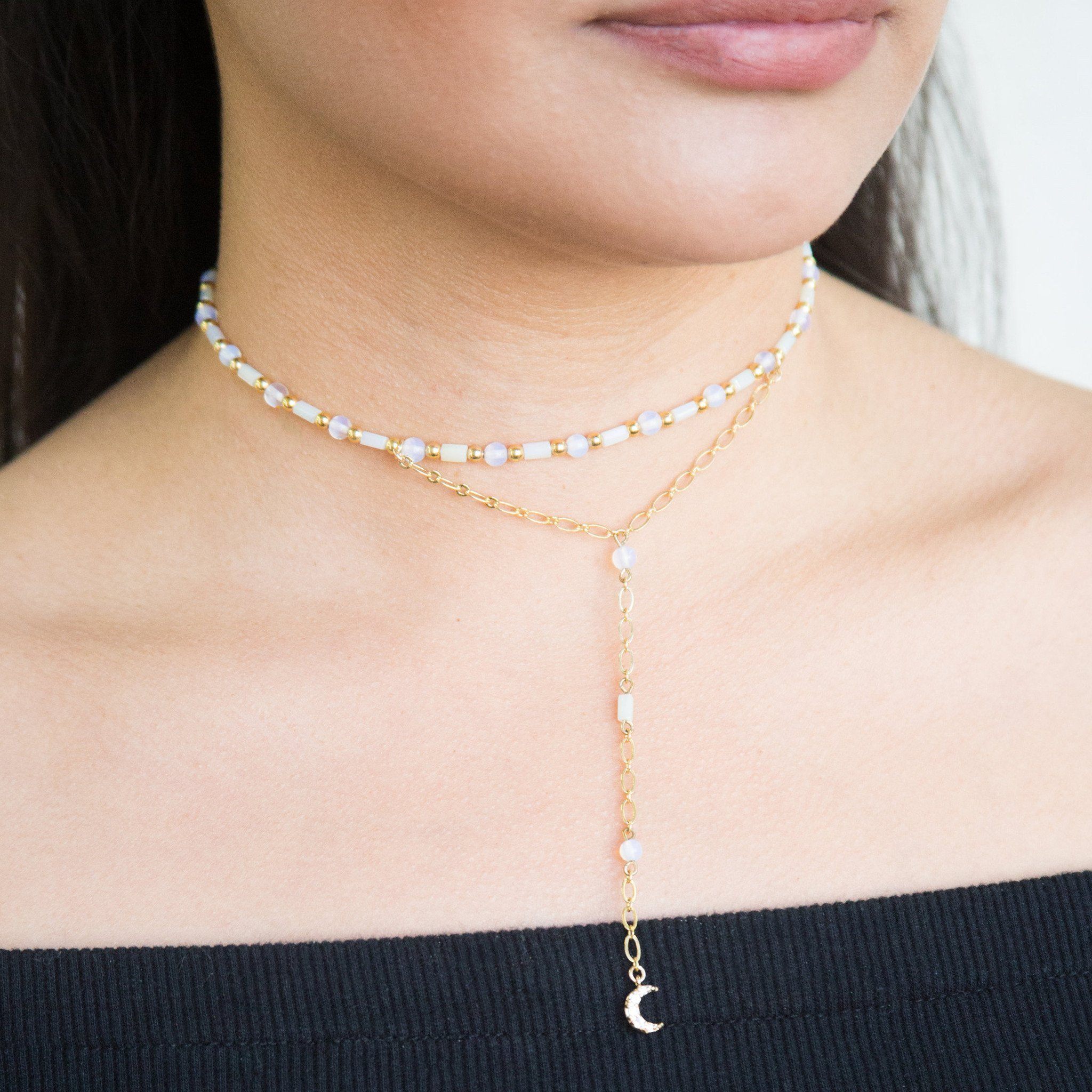 Ettika Love Me Lariat Choker in Opal and Gold with Moon - Necklace