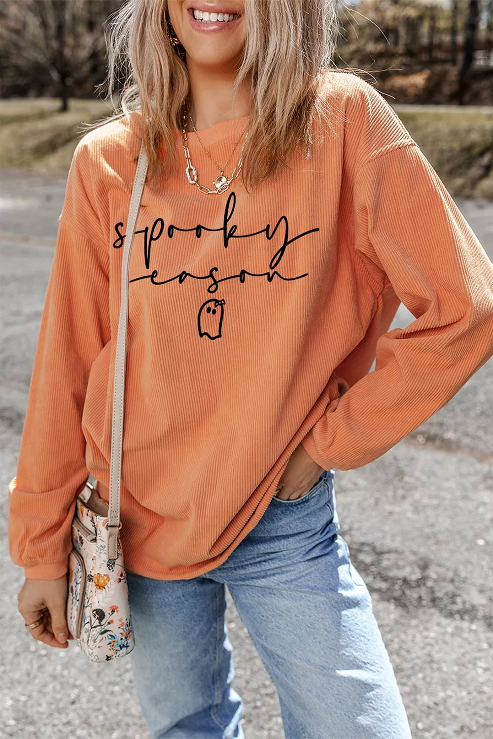 Orange Spooky Season ghost ribbed sweatshirt for a casual Halloween outfit