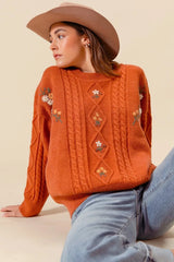 Trendsi SO ME Embroidered Flower Cable Knitted Sweater -
