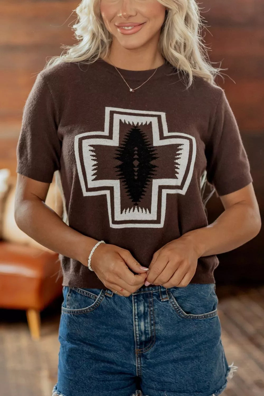 Trendsi Western Graphic Short Sleeve Knit Casual Sweater -