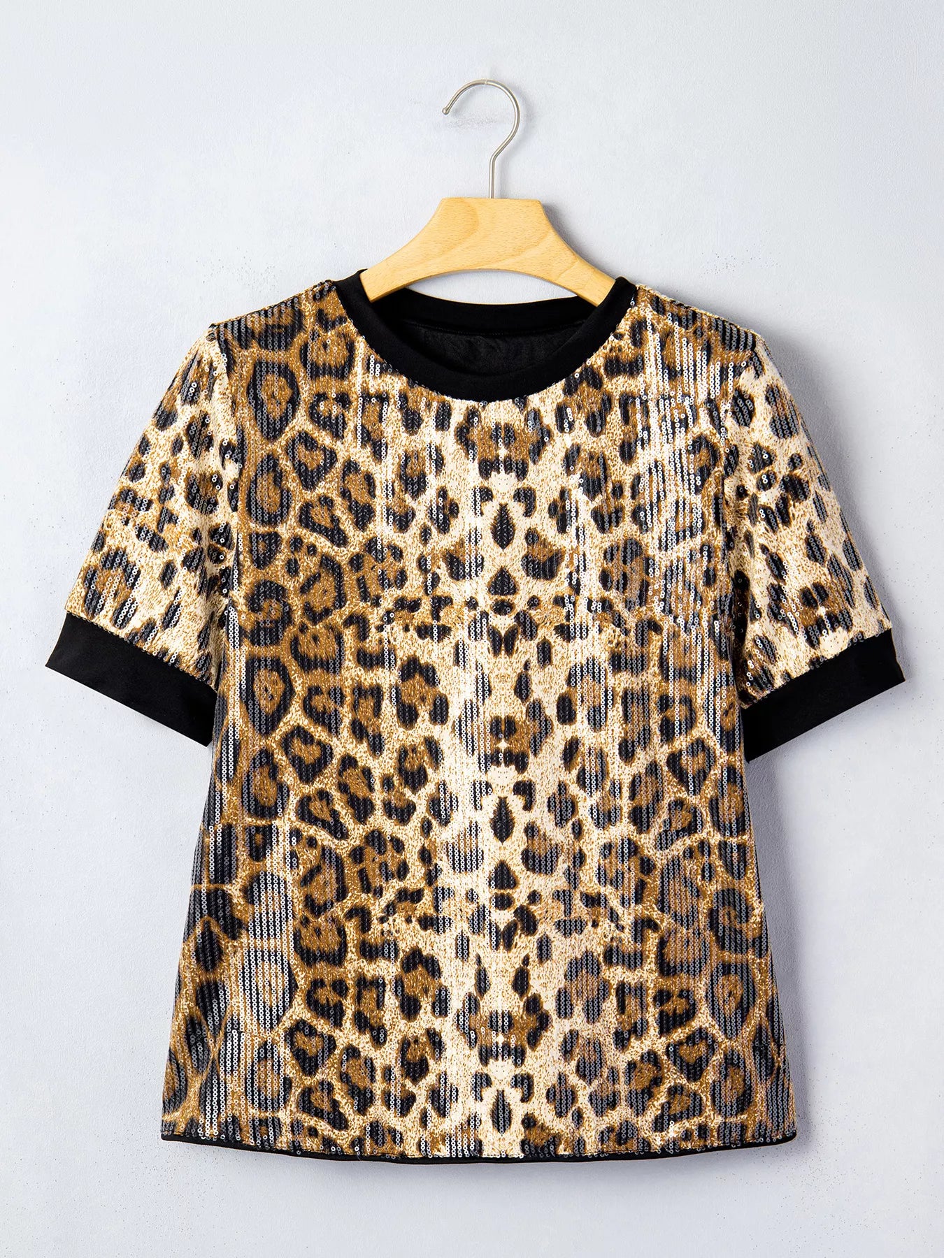 Trendsi Sequin Leopard Pattern Short Sleeve Top -