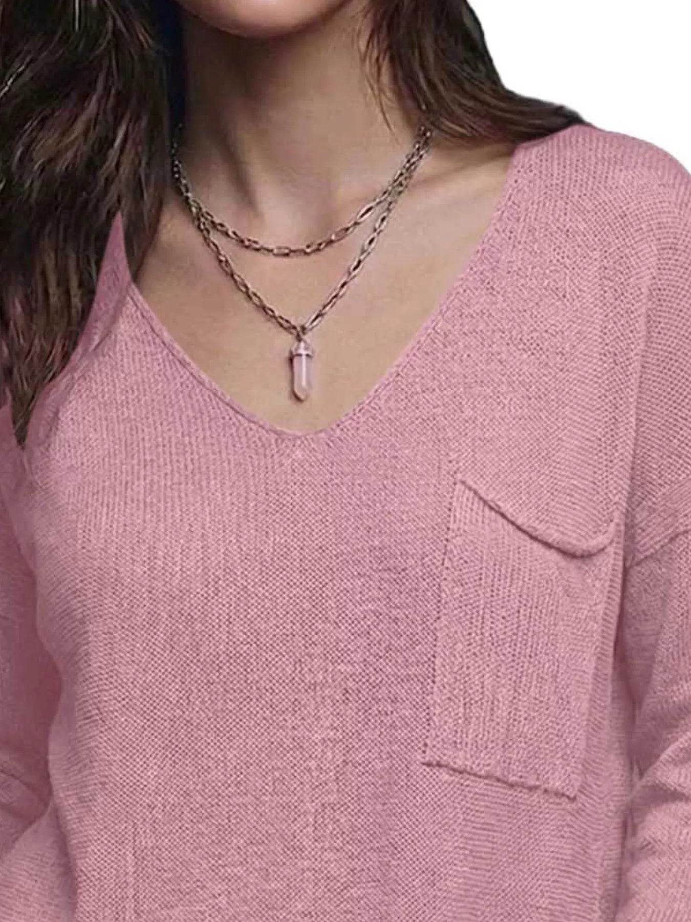 Trendsi V-Neck Chest Pocket Knit Top -