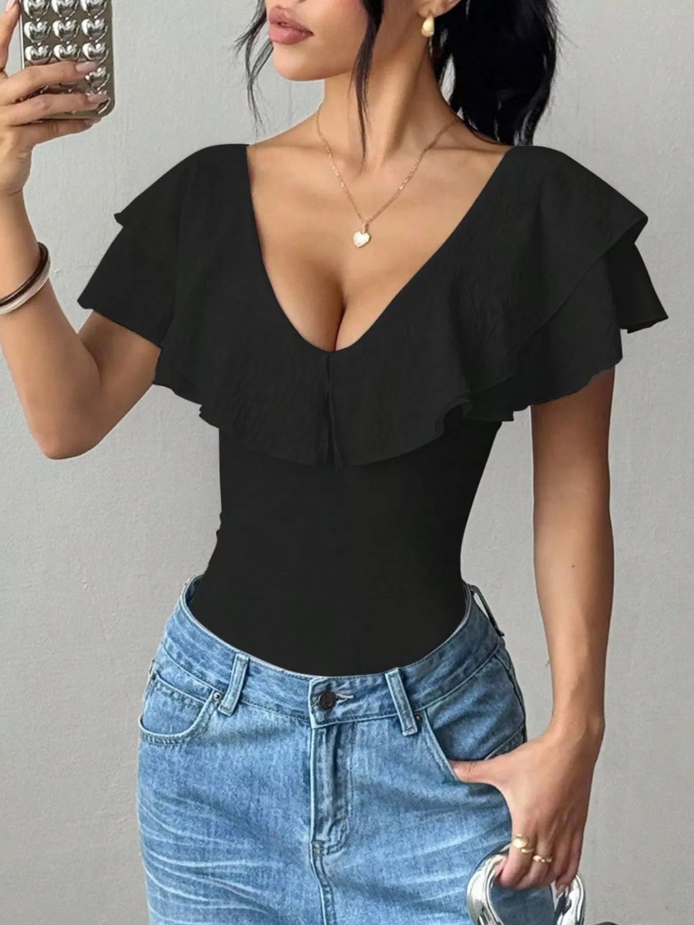 Trendsi Ruffle Trim V-Neck Bodysuit -