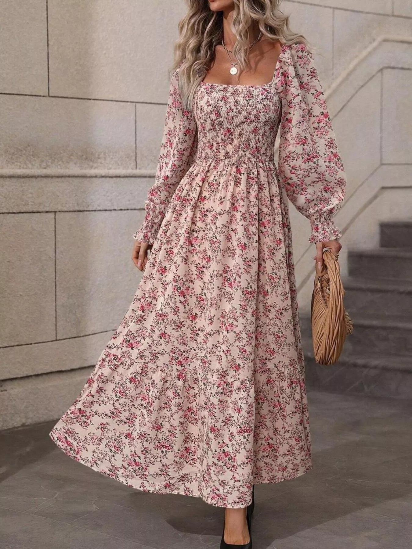 Trendsi Floral Print Square Neck Smocked Midi Dress -
