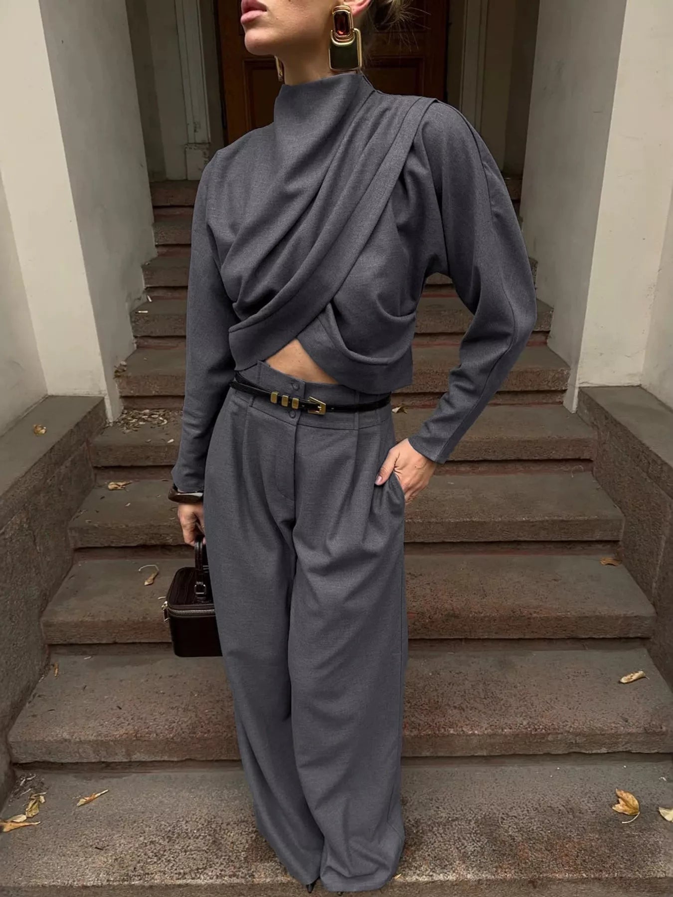 Trendsi Draped Crop Top and Wide-Leg Pants Set -