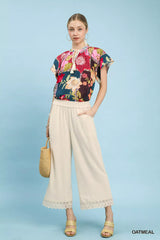 Trendsi Umgee Linen Wide Leg Cropped Pants with Lace Trim -