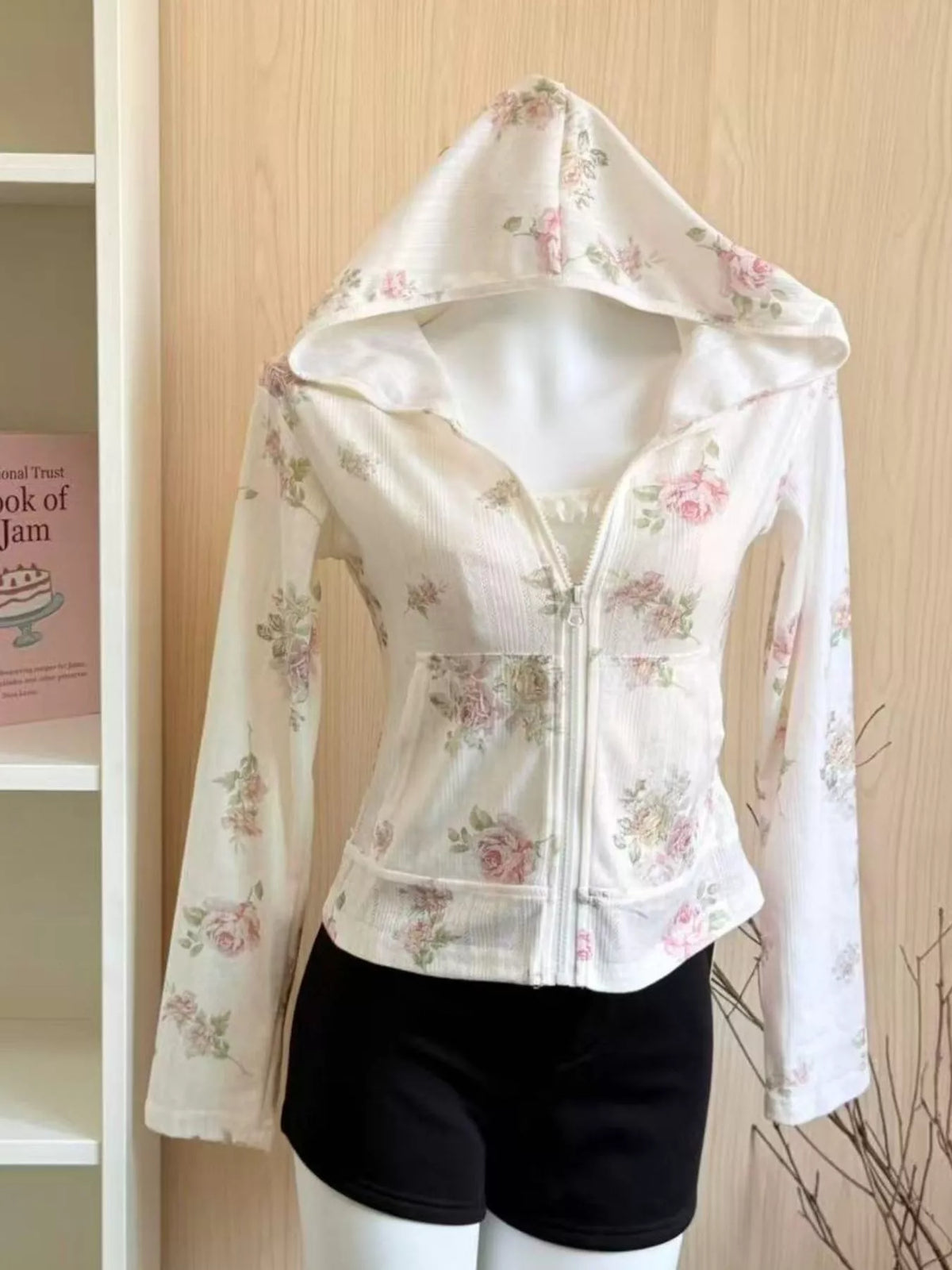 White floral print zip-up knit hoodie