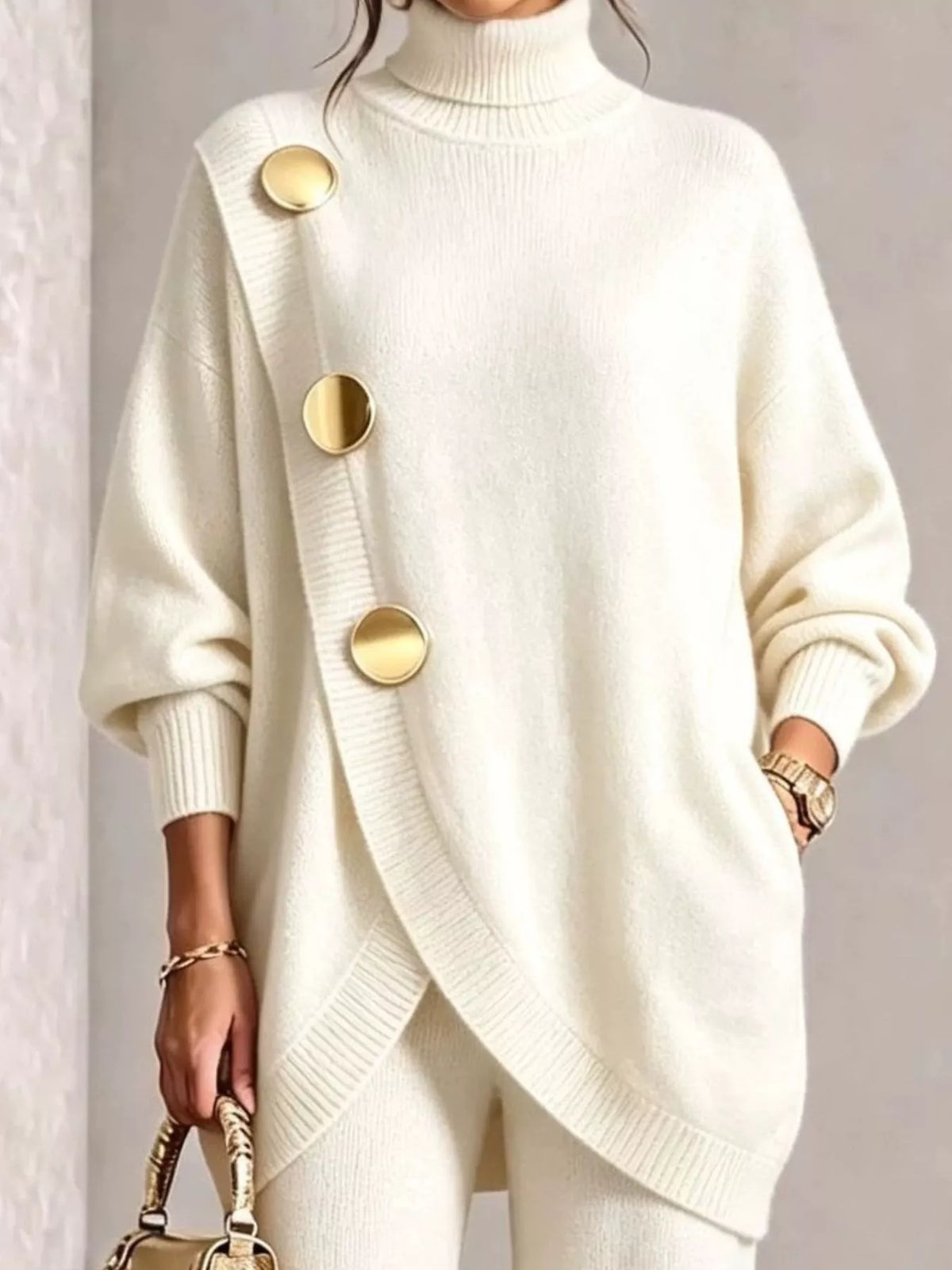 Turtleneck Asymmetric Sweater and Pants Set, front view
