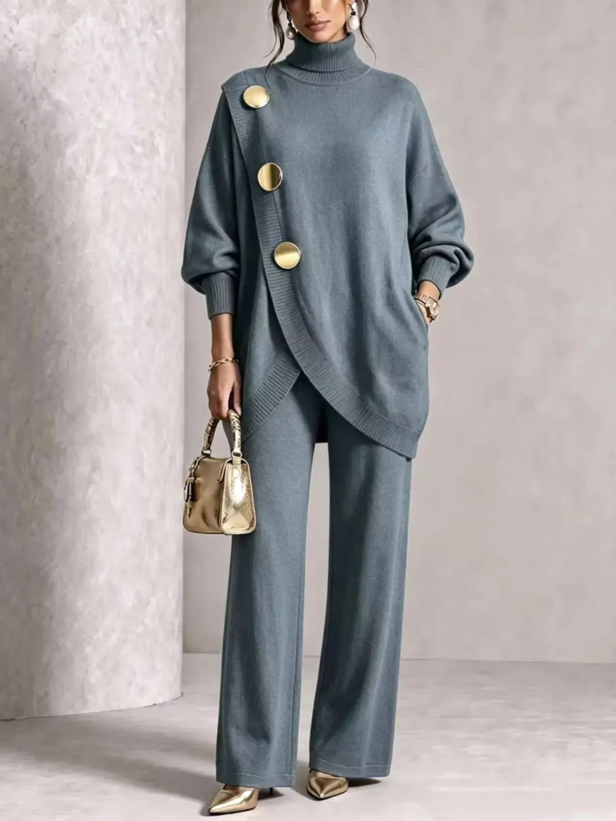 Turtleneck Asymmetric Sweater and Pants Set, front view