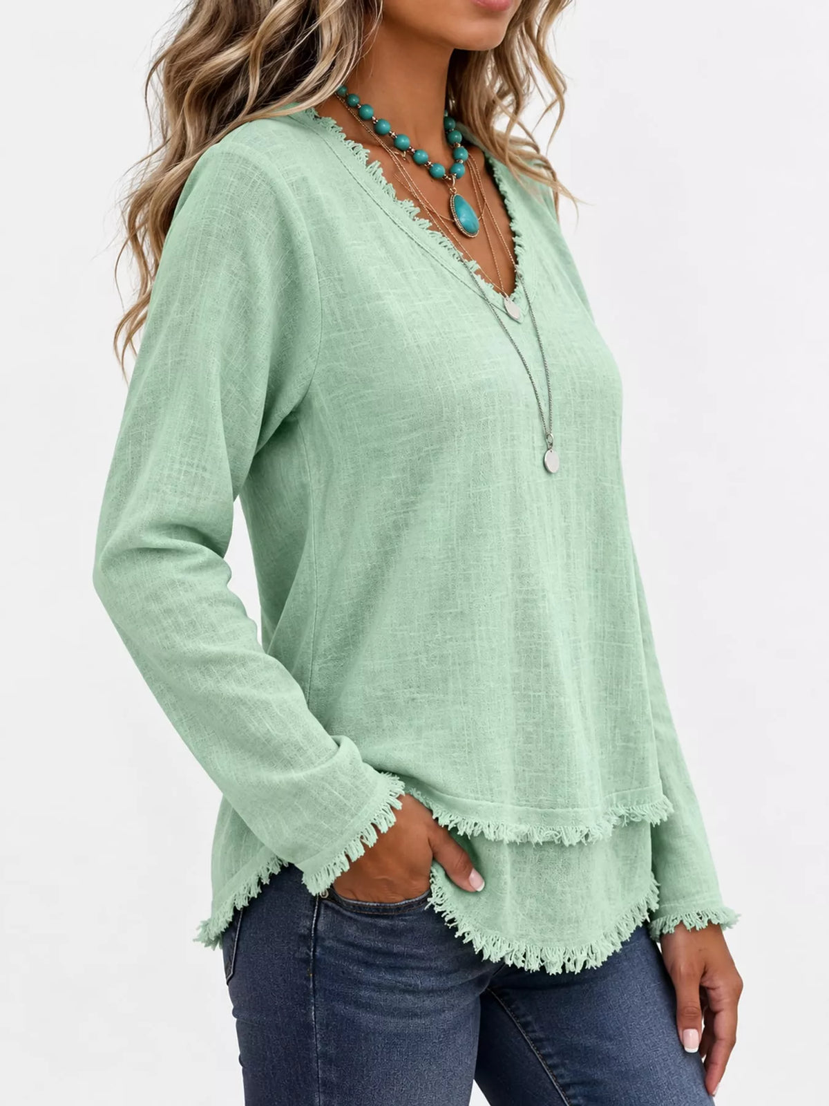Frayed V-neck blouse, mint side