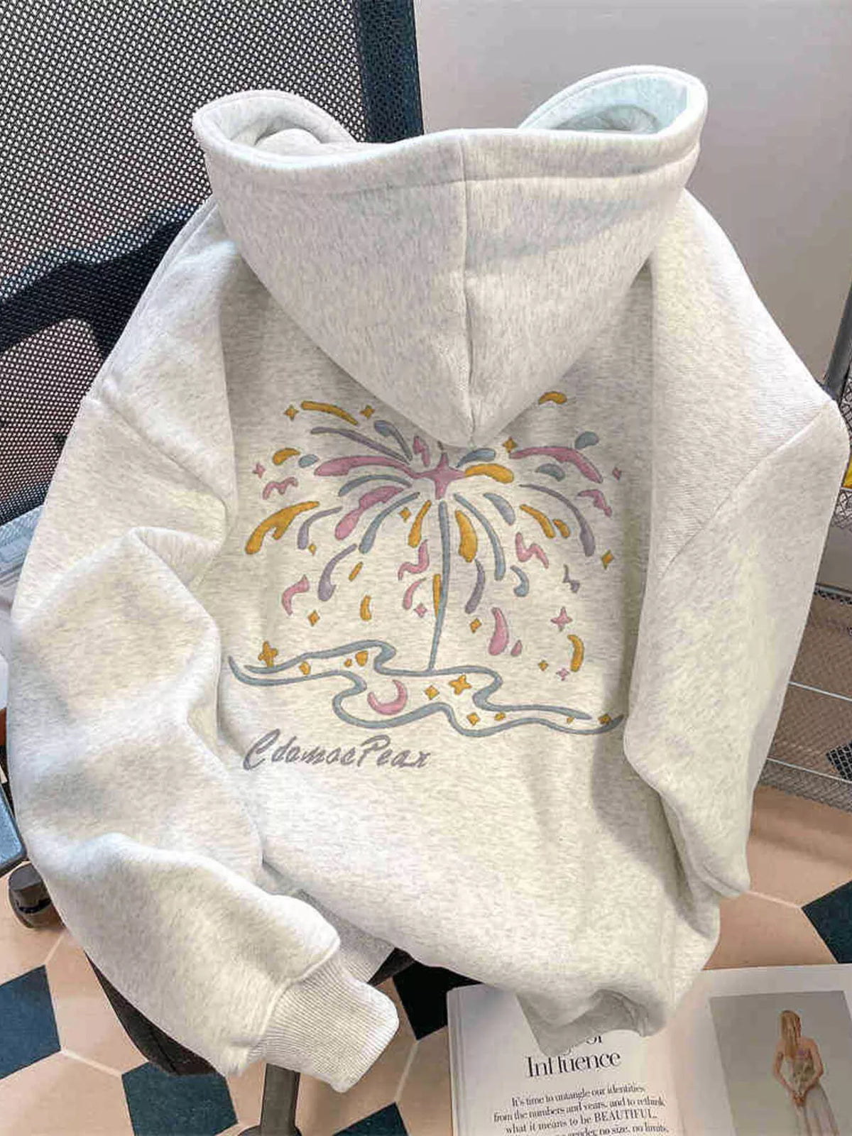 Women's Christmas Tree Fireworks Graphic Hoodie in Gray, front view
