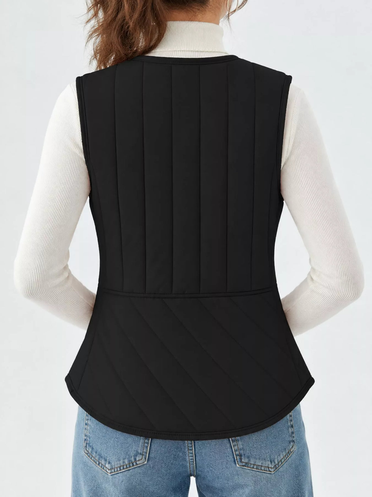 Quilted Button Up Vest in black, back view