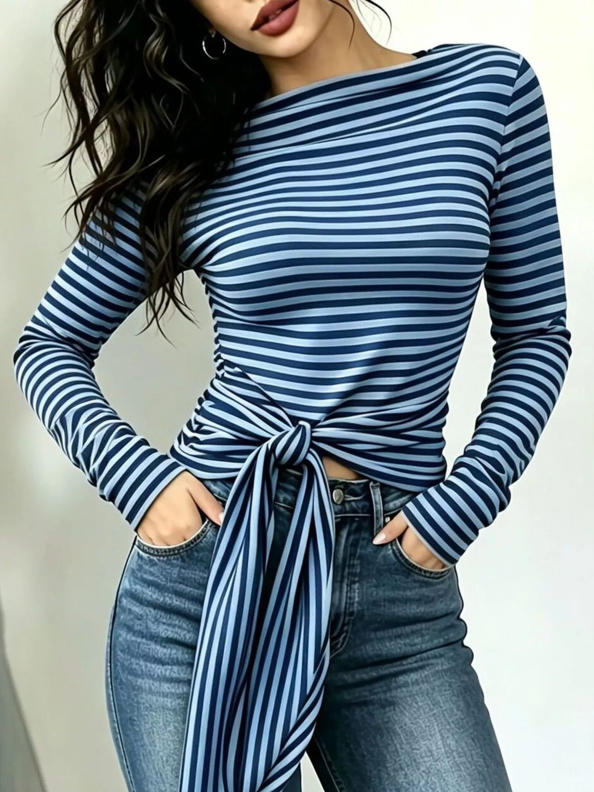 Long sleeve striped T-shirt with front tie