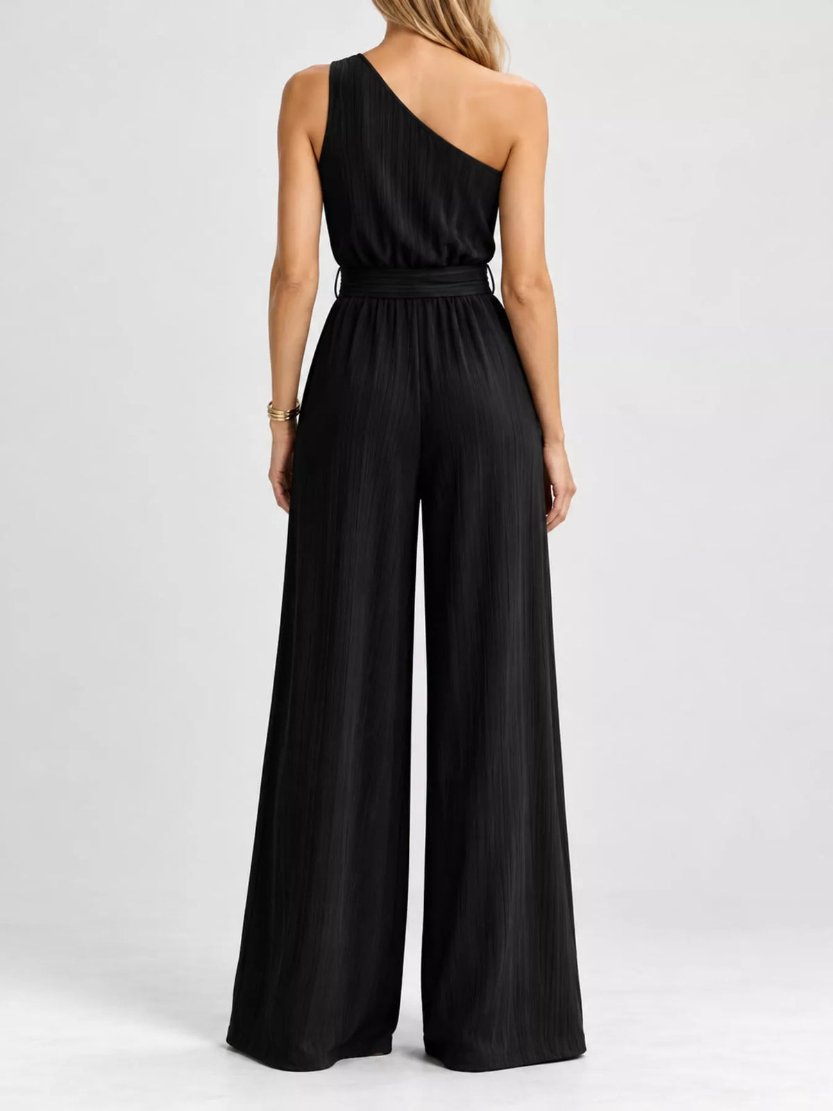 One-Shoulder Wide-Leg Jumpsuit in black, back view