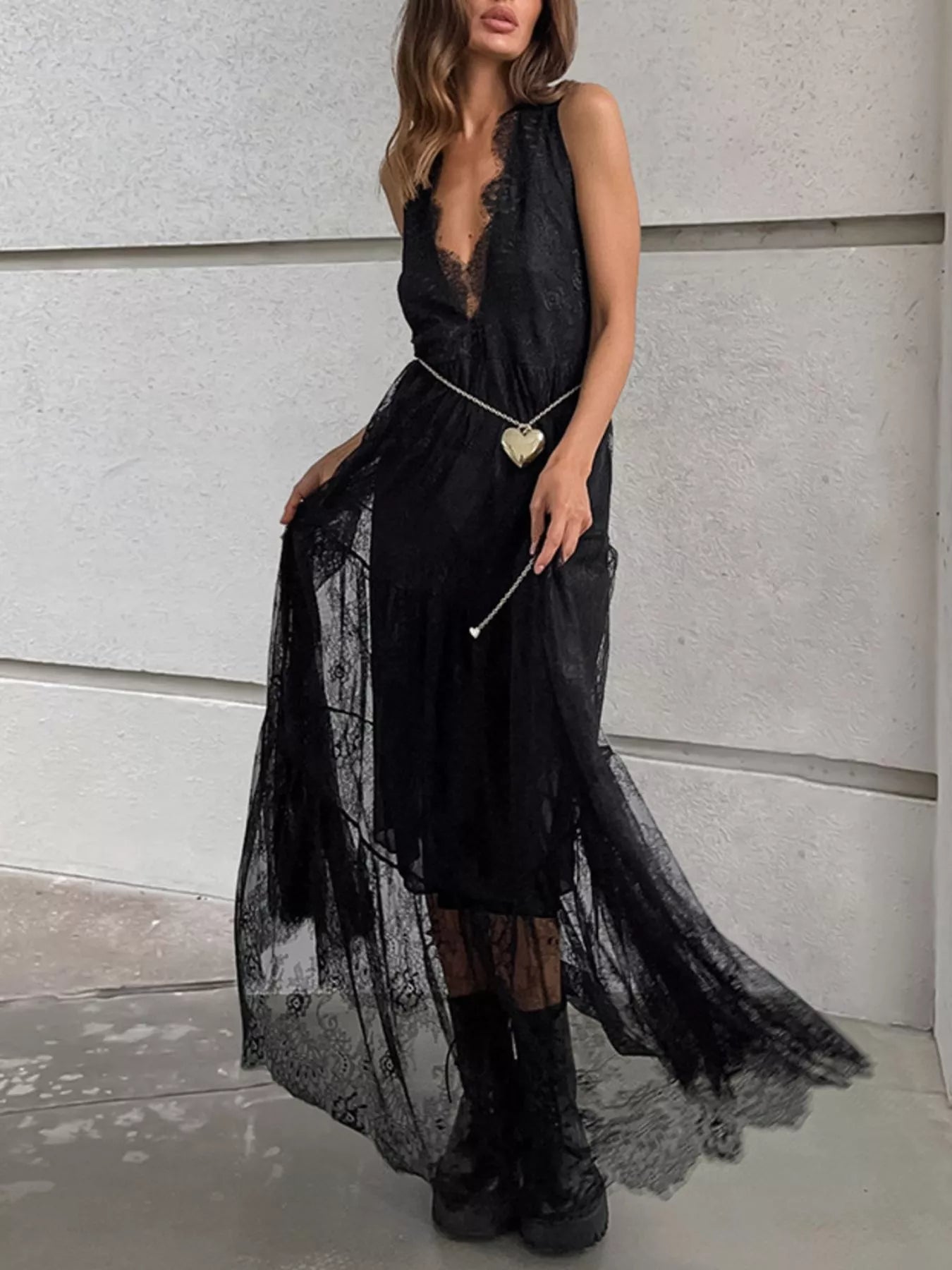 Trendsi Lace V-Neck Sleeveless Maxi Dress -