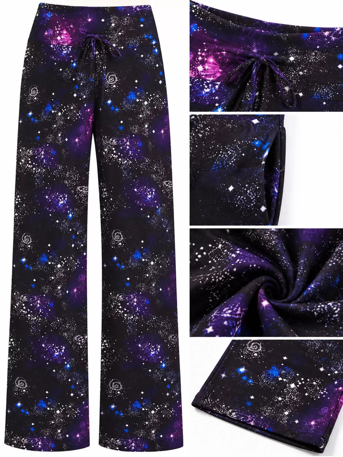 Wide-leg lounge pants, galaxy fabric and pocket details