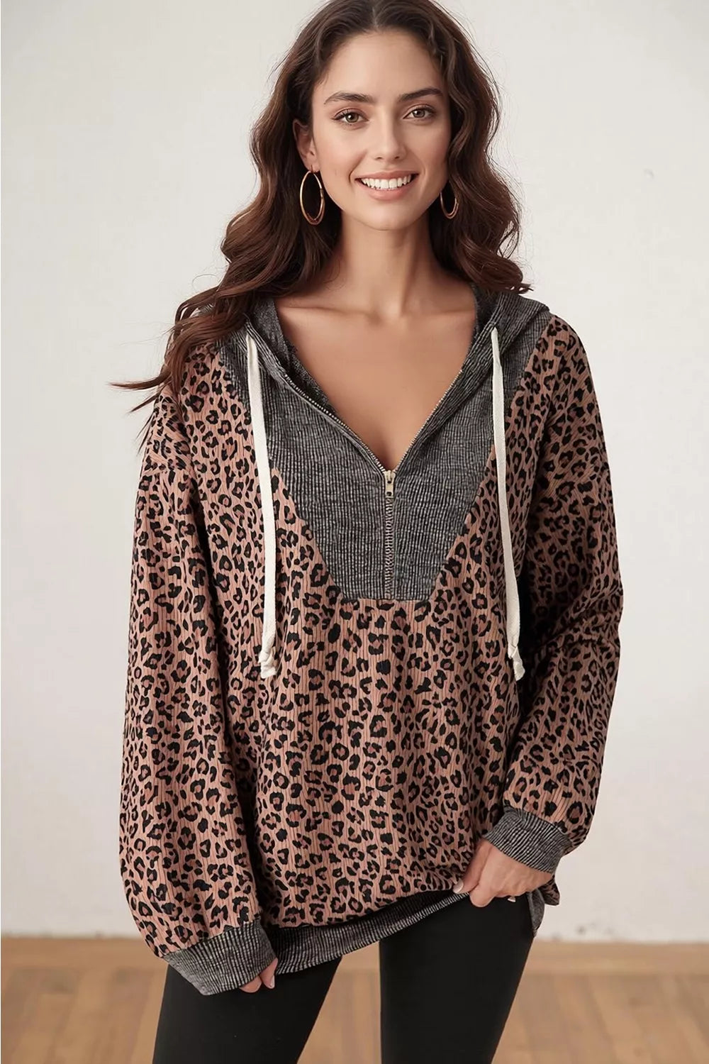 Trendsi Leopard Print Quarter-Zip Hoodie -