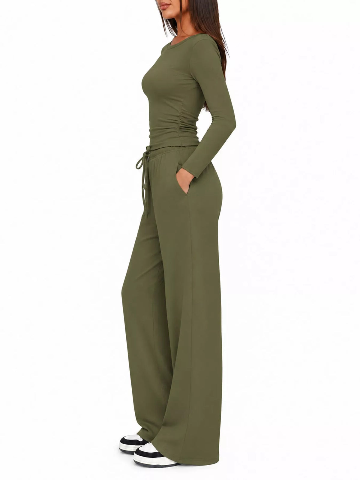 Long Sleeve Top and Wide-Leg Drawstring Pants Set — side view