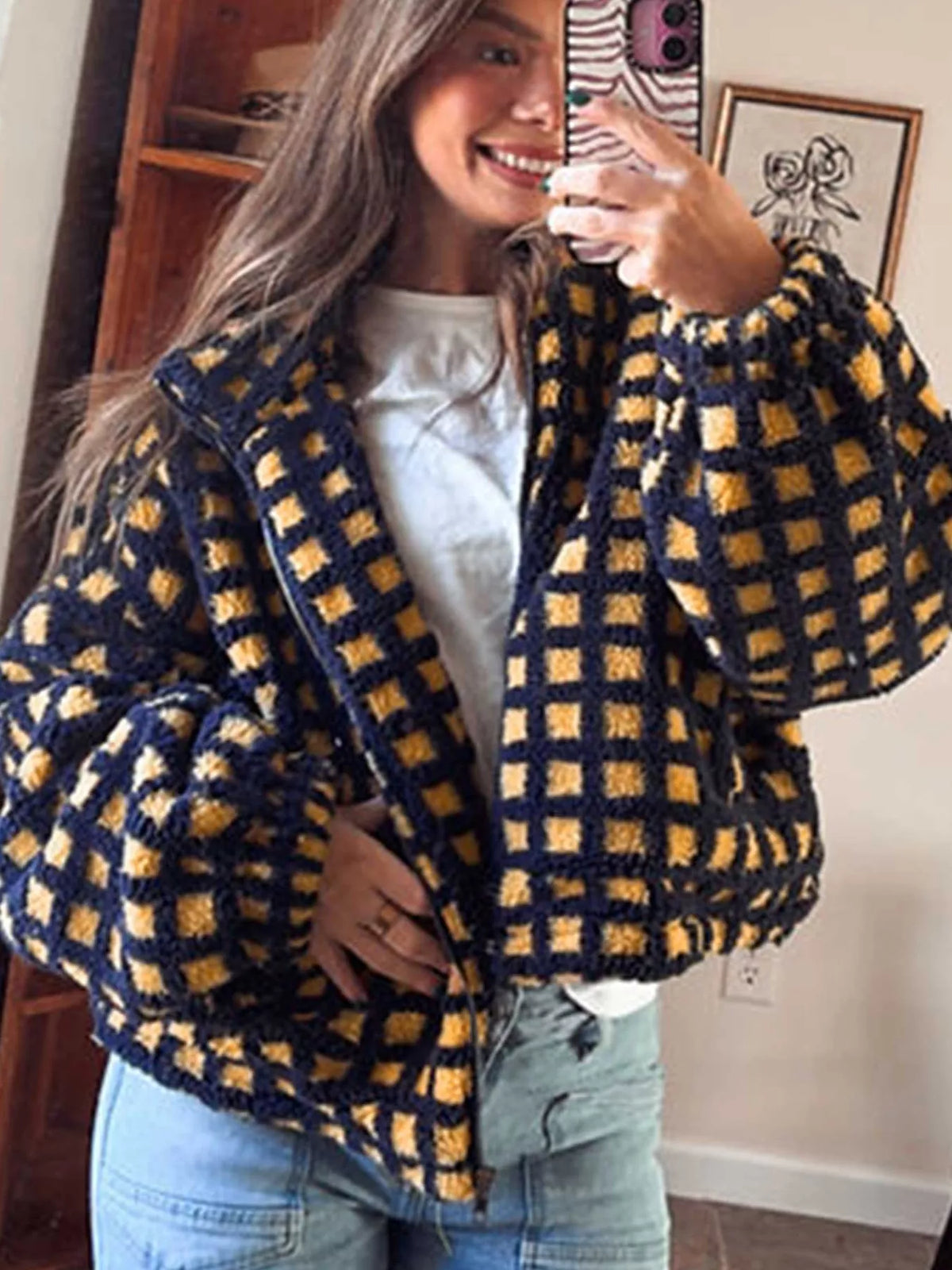 Black plaid sherpa fleece zip up jacket
