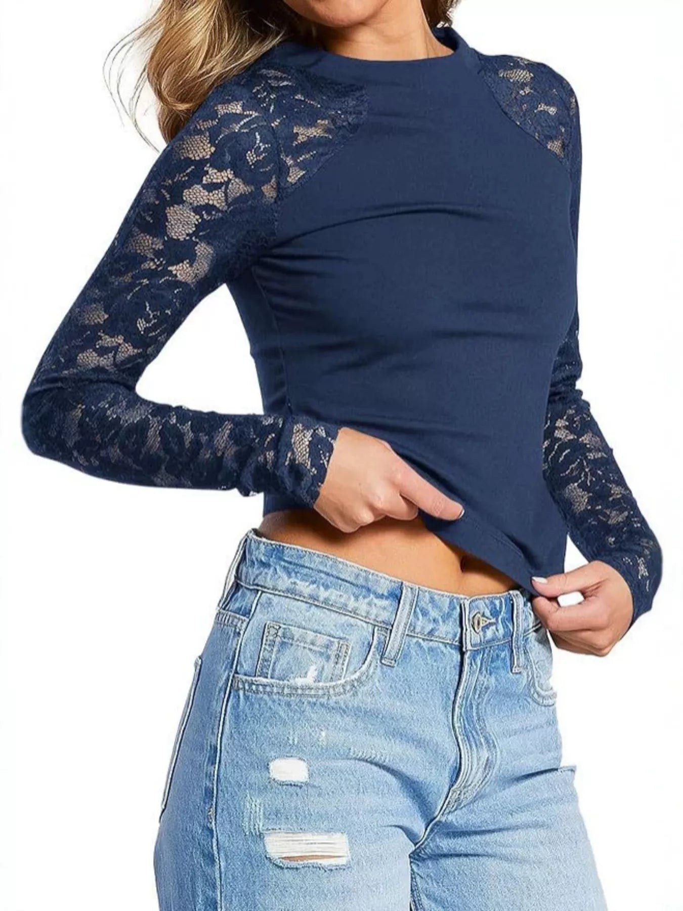 Trendsi Lace Long Sleeve Round Neck T-Shirt -