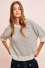 Trendsi BiBi Stripes Short Sleeves Rib Banded Outseam Knit Top -