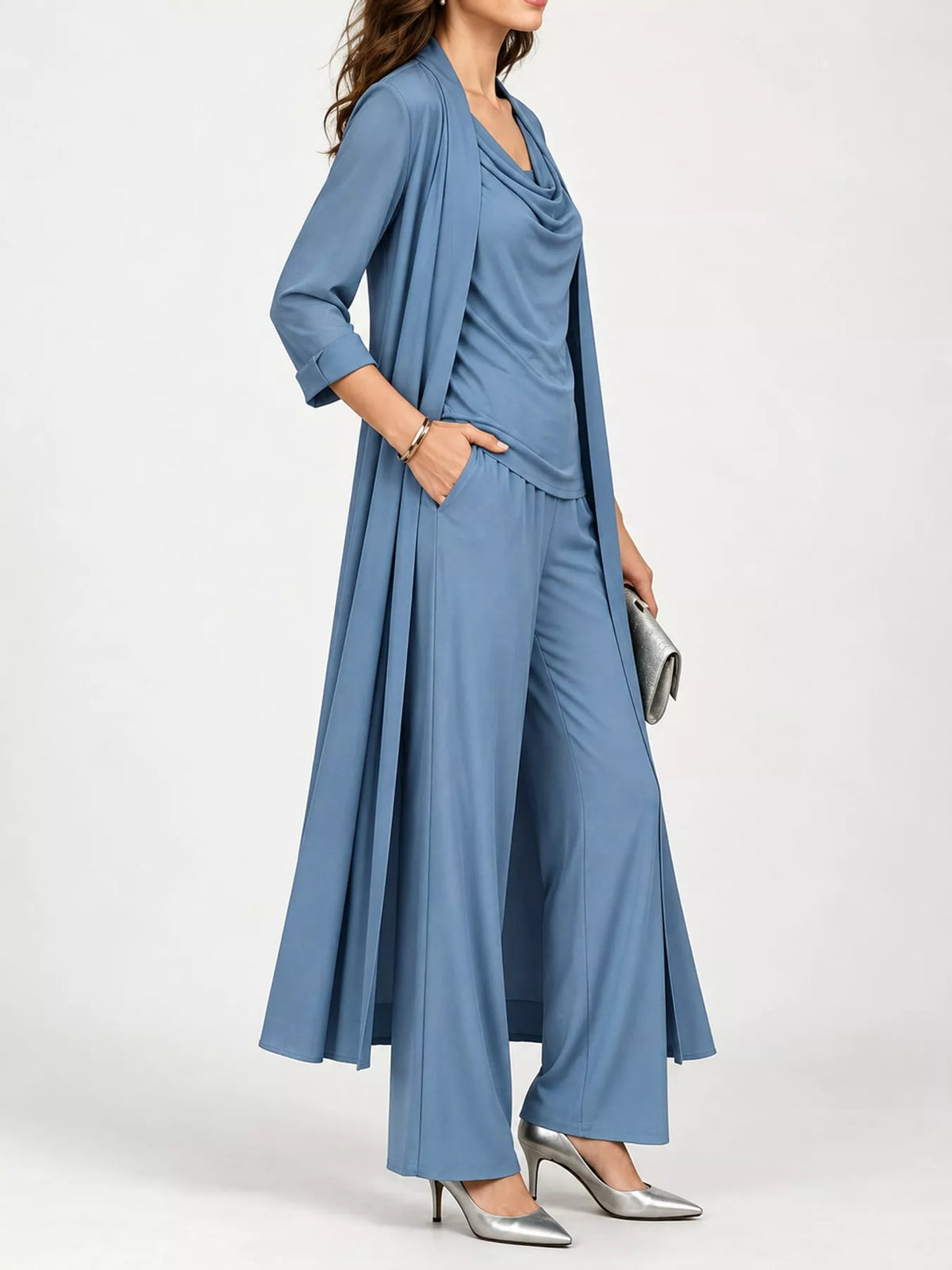 Blue cowl neck top, cardigan and pants set, side view