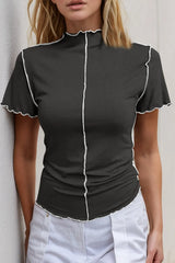 Trendsi Basic Bae Contrast Trim Mock Neck Short Sleeve T-Shirt - Shirts