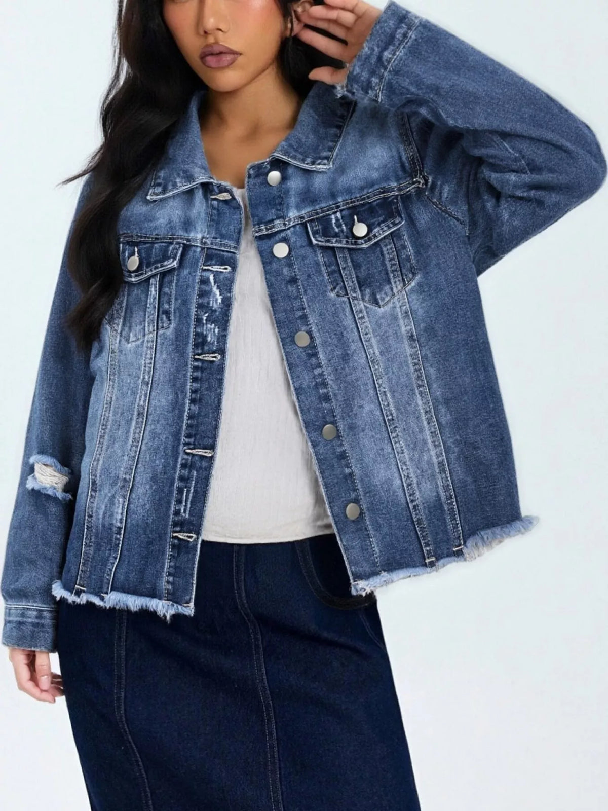 Women's Distressed Raw Hem Denim Jacket in medium blue — front view