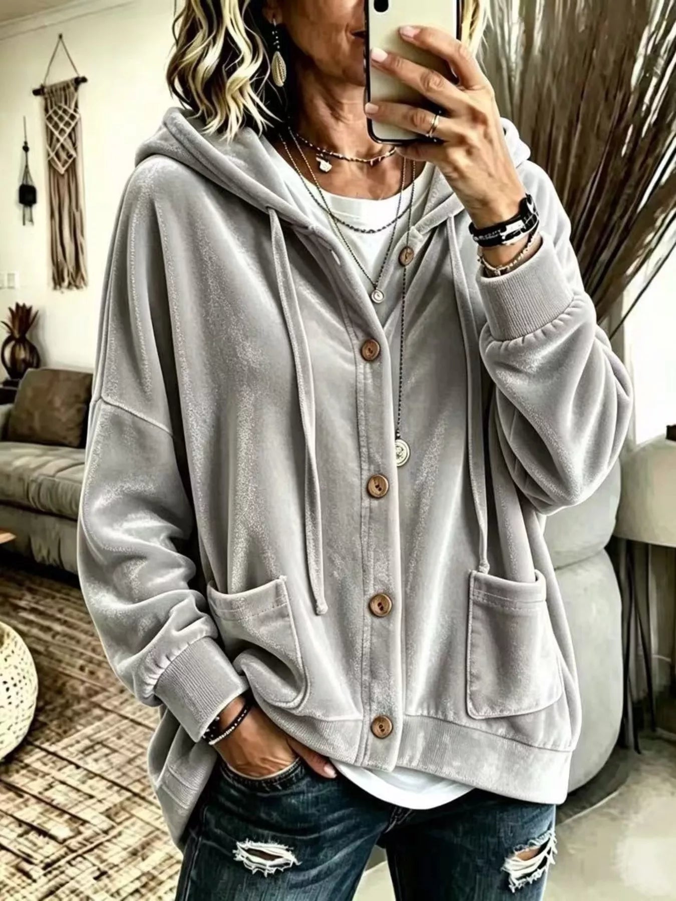 Trendsi Full Size Casual Button-Down Hooded Outerwear Plus Size -
