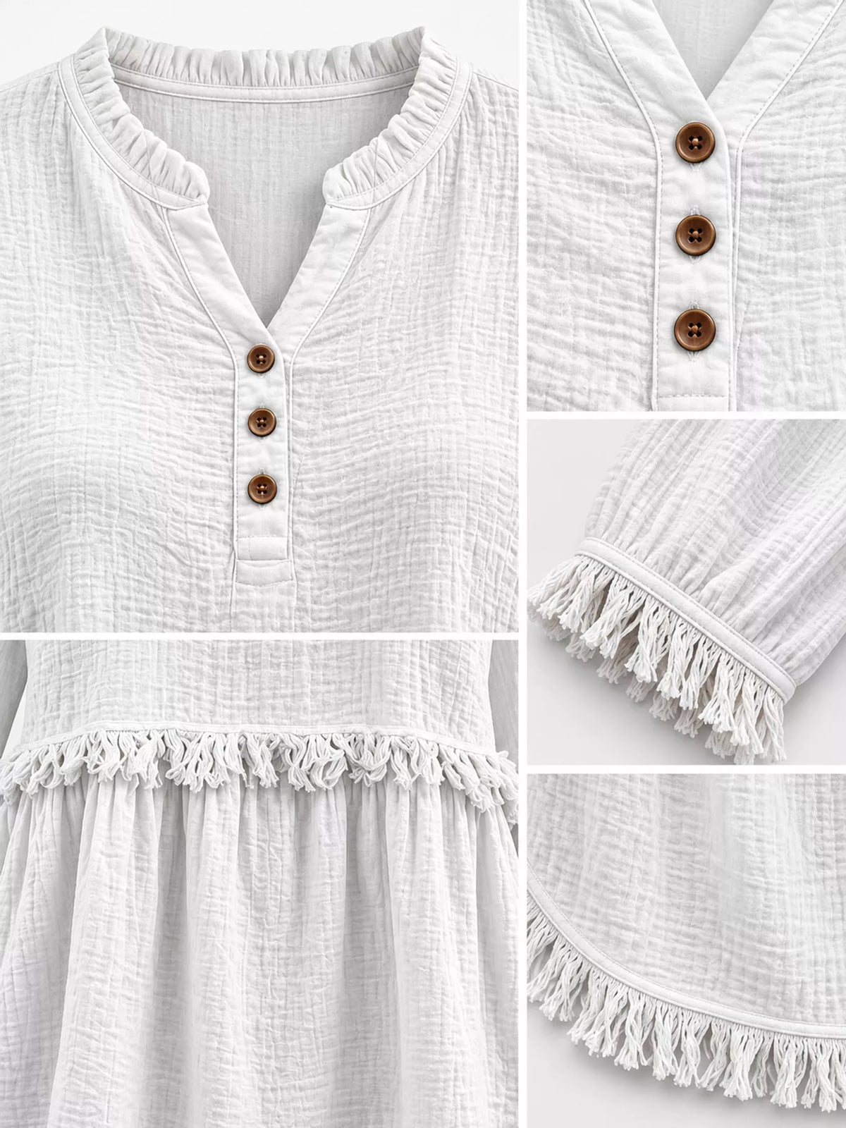 Frayed-hem blouse, white button and fringed trim details